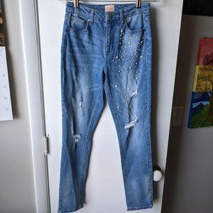 GB Denim Distressed Jeans Skinny/Straight with Pearls Size 1